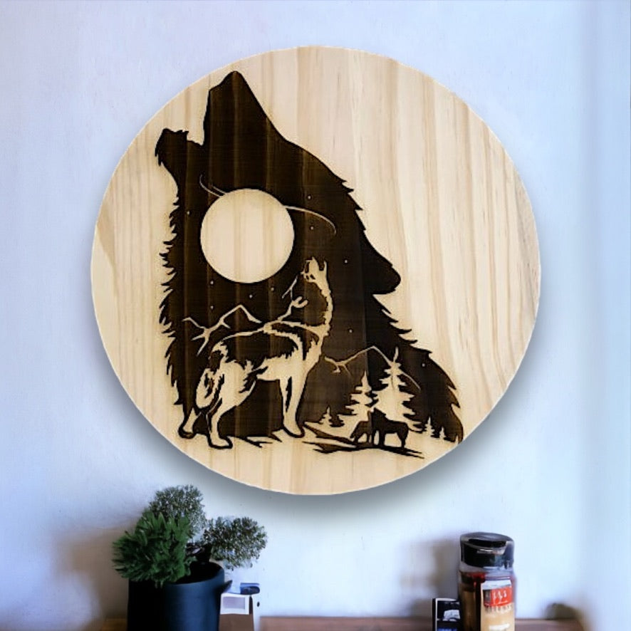 Pine - 12" Round - Howling Wolf